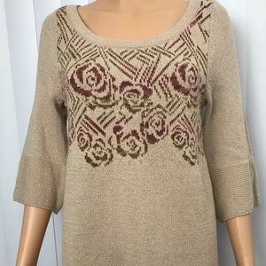 Free People Mini Dress Tunic Sweater Size Small Knit Beige Flower 3/4 Sleeves
